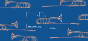 A imagem é azul, com trombones em rosa sobrepostos.