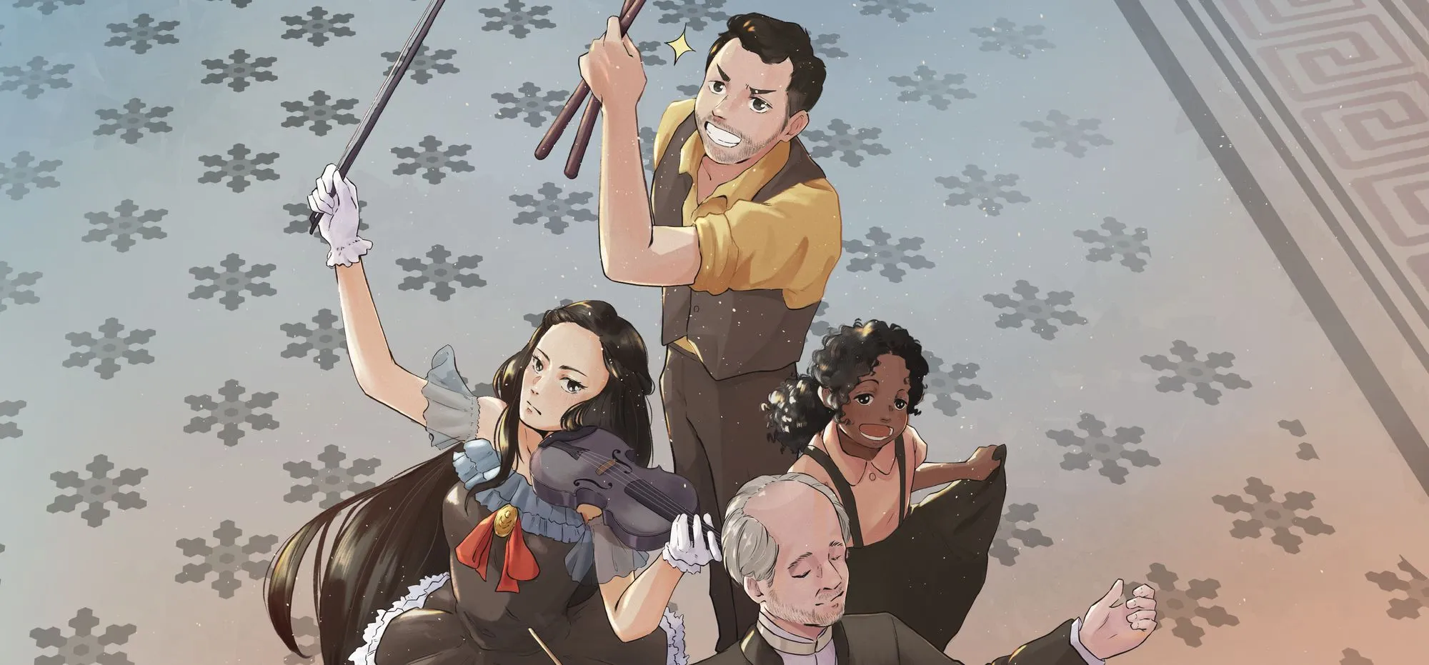 Ilustração em estilo mangá dos músicos da Orquestra na Sala São Paulo.