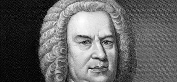 Pintura a óleo em preto e branco de Bach, um homem com peruca encaracolada.  