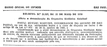 Manchete do Diário Oficial do Estado, de maio de 1978, sobre decreto que renomeou a Orquestra.