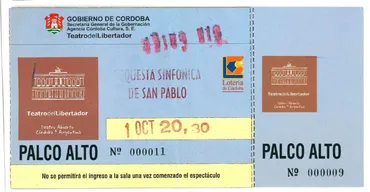 Ingresso para o concerto da Osesp no Teatro Del Libertador, em Córdoba, na Argentina. 1 de outubro de 2000.