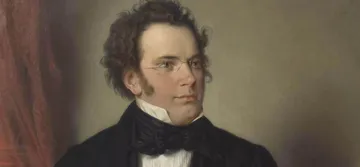 Pintura a óleo de Schubert, um homem branco, com cabelo castanho e óculos redondos. 